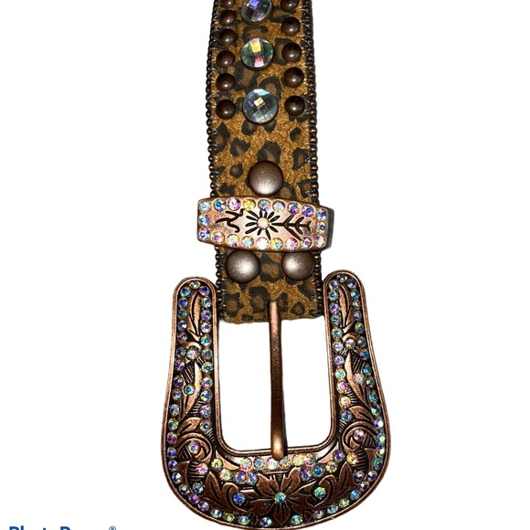 Nocona Leather Cheetah Horseshoe Crystal Belt Sz L - Picture 4 of 7